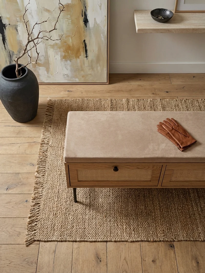 Schuhbank – 100x48x38 cm, Eiche-Dekor, Sitzfläche Stoff, mit Schubladen