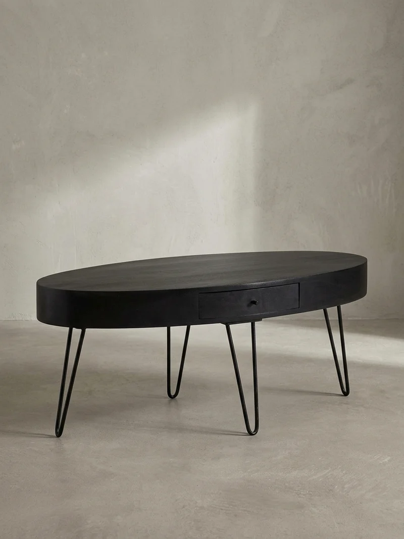 Couchtisch in Mango-Massivholz und Metall, 100x50x40 cm, Oval, mit Schublade, Stauraum und Haarnadelbeinen