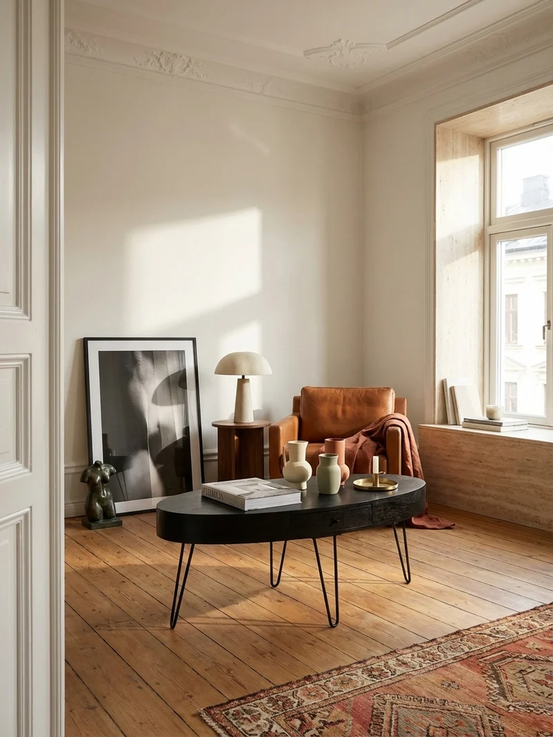 Couchtisch in Mango-Massivholz und Metall, 100x50x40 cm, Oval, mit Schublade, Stauraum und Haarnadelbeinen