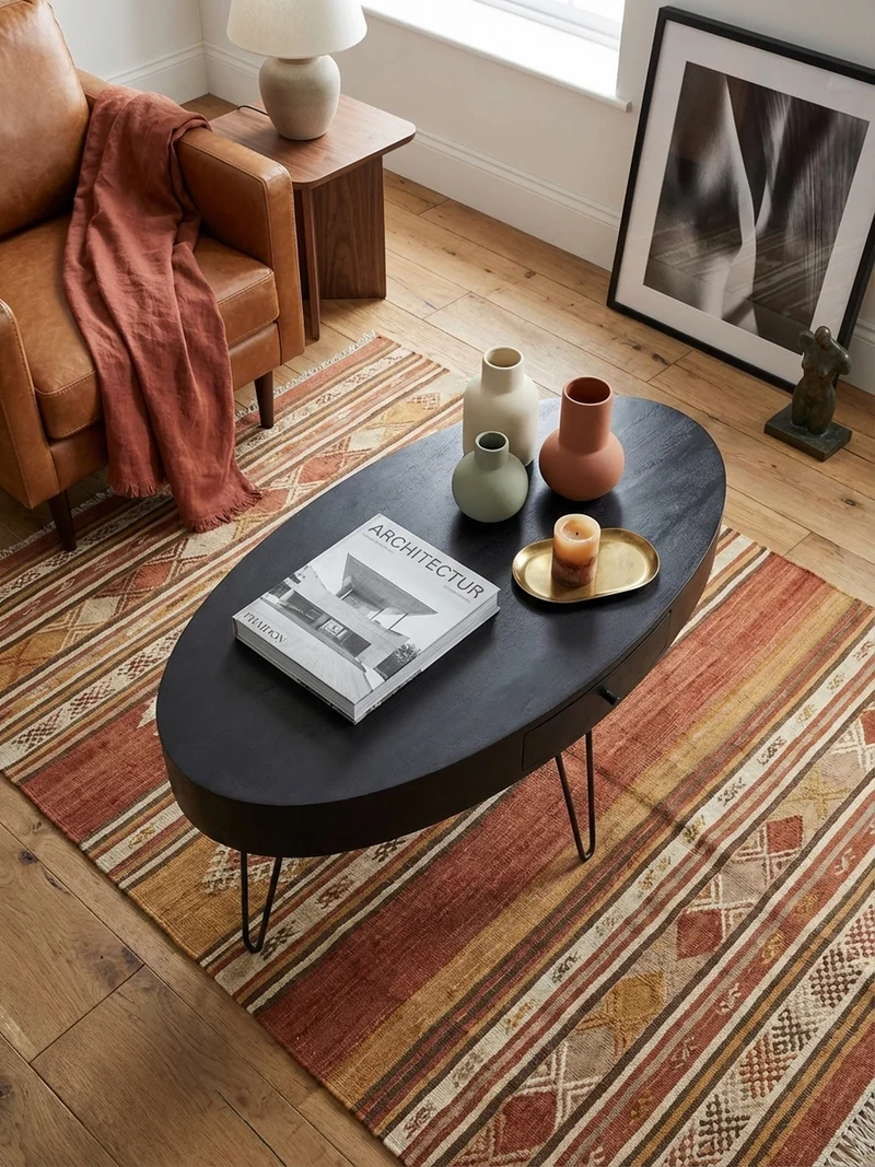 Couchtisch in Mango-Massivholz und Metall, 100x50x40 cm, Oval, mit Schublade, Stauraum und Haarnadelbeinen