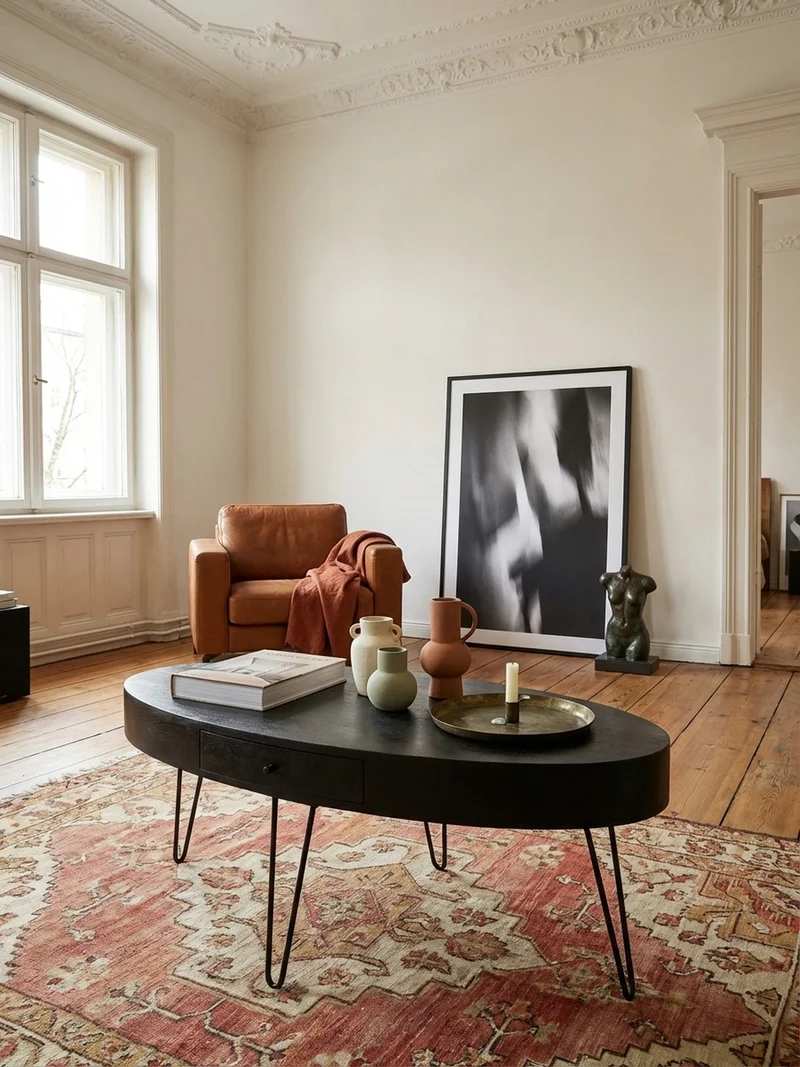 Couchtisch in Mango-Massivholz und Metall, 100x50x40 cm, Oval, mit Schublade, Stauraum und Haarnadelbeinen