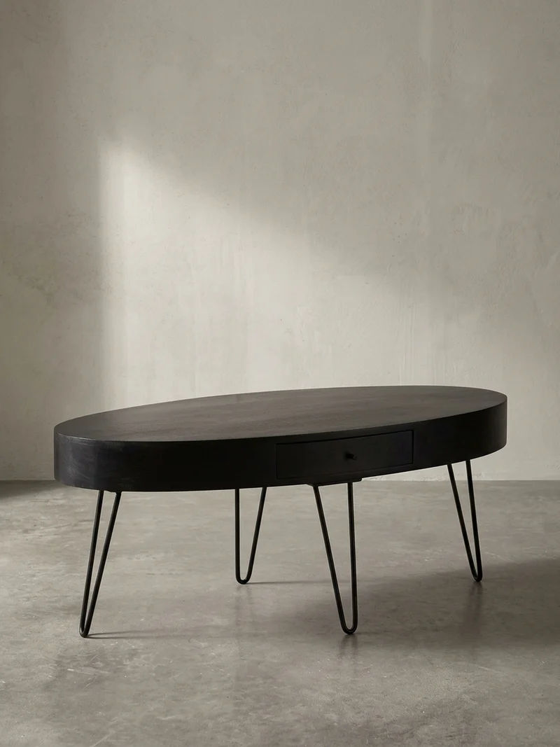 Couchtisch in Mango-Massivholz und Metall, 100x50x40 cm, Oval, mit Schublade, Stauraum und Haarnadelbeinen