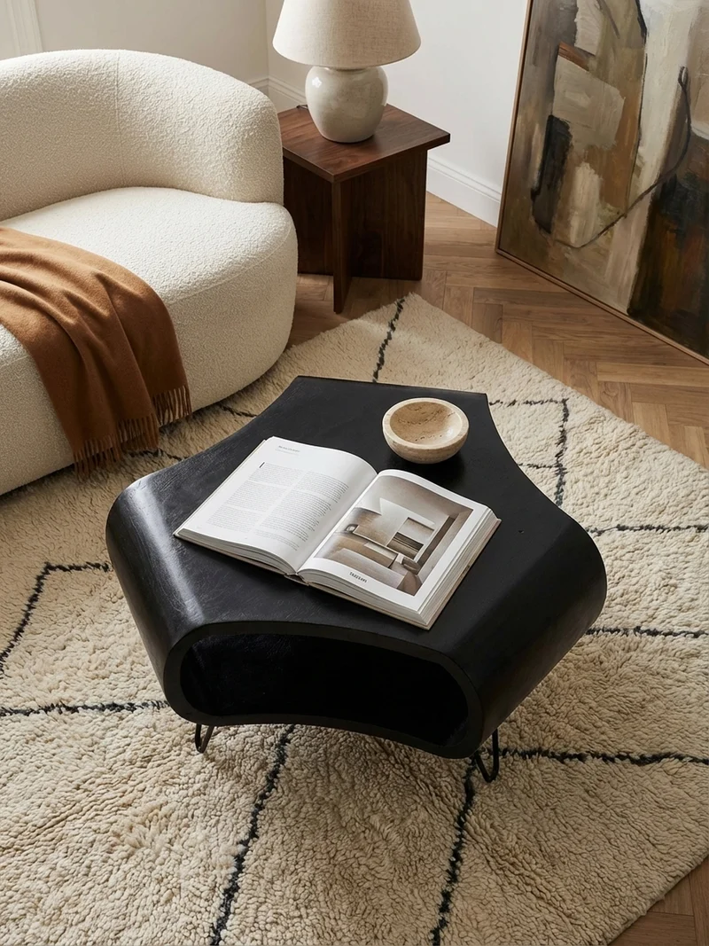 Couchtisch Schwarz Massivholz Mango mit Stauraum 60x60x35 cm Haarnadelbeine
