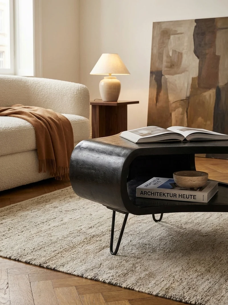 Couchtisch Schwarz Massivholz Mango mit Stauraum 60x60x35 cm Haarnadelbeine