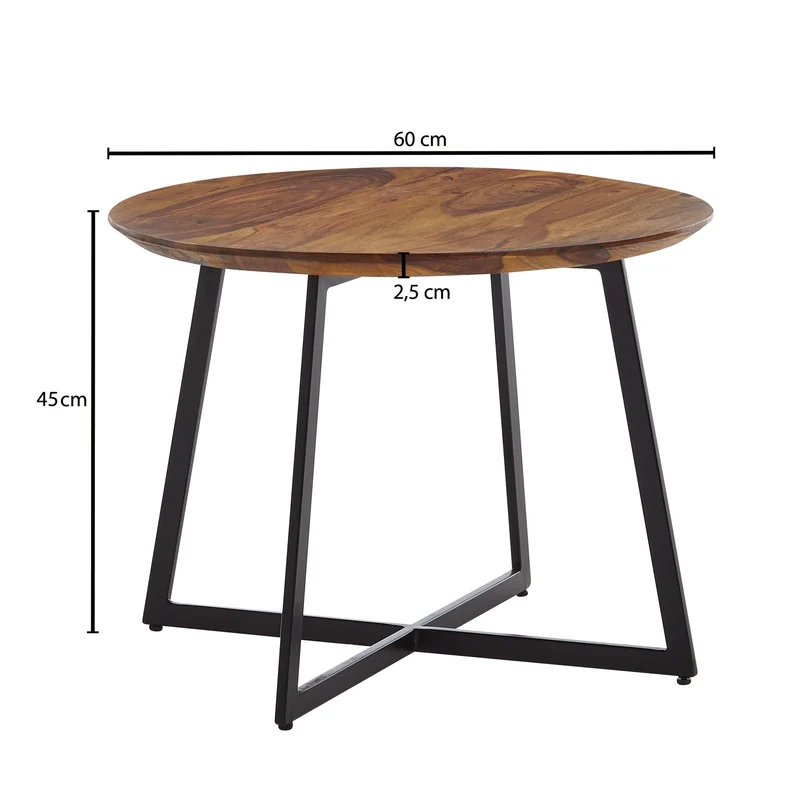 Couchtisch Rund, Sheesham Massivholz, Modernes Design, Maße 60x60x45 cm
