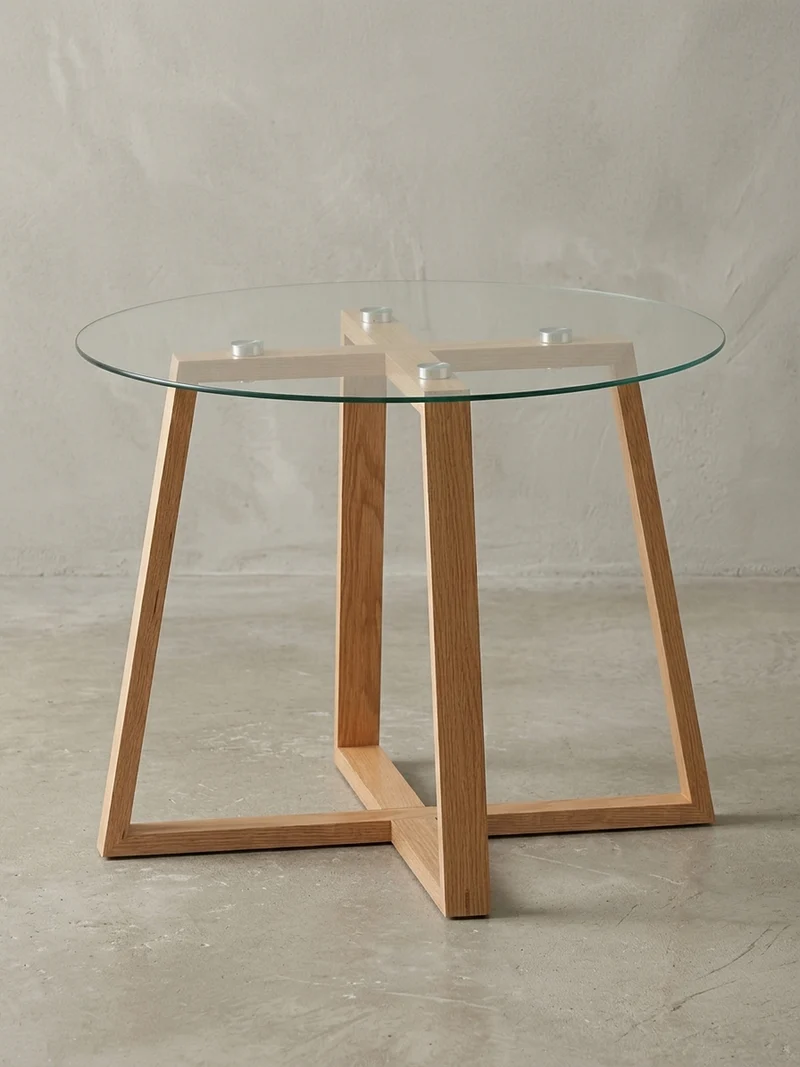 Couchtisch Eiche massiv mit Glasplatte, modernes Design, überkreuztes Gestell