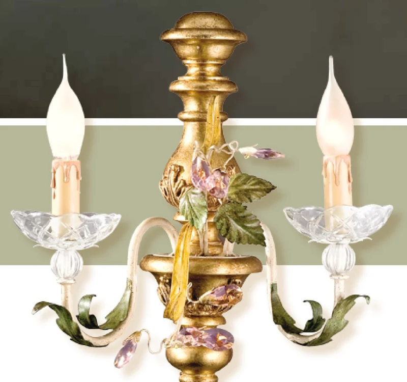 Casa Padrino Barock Wandleuchte Grün Gelb Elfenbein B. 35 x T. 38 cm 2-flammig - Handgefertigte Leuchte aus Italien - Barock Leuchten