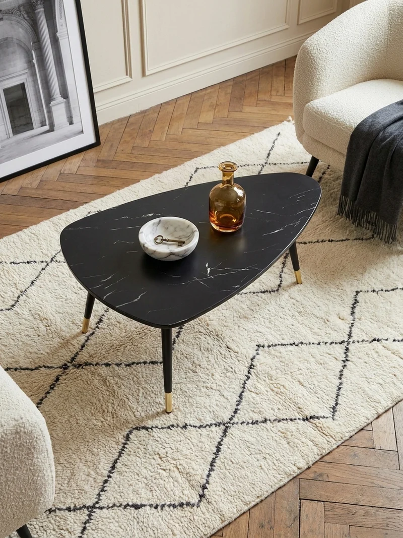 Couchtisch mit Marmor Optik, Dreibein, Metall-Gestell, Dreieckig