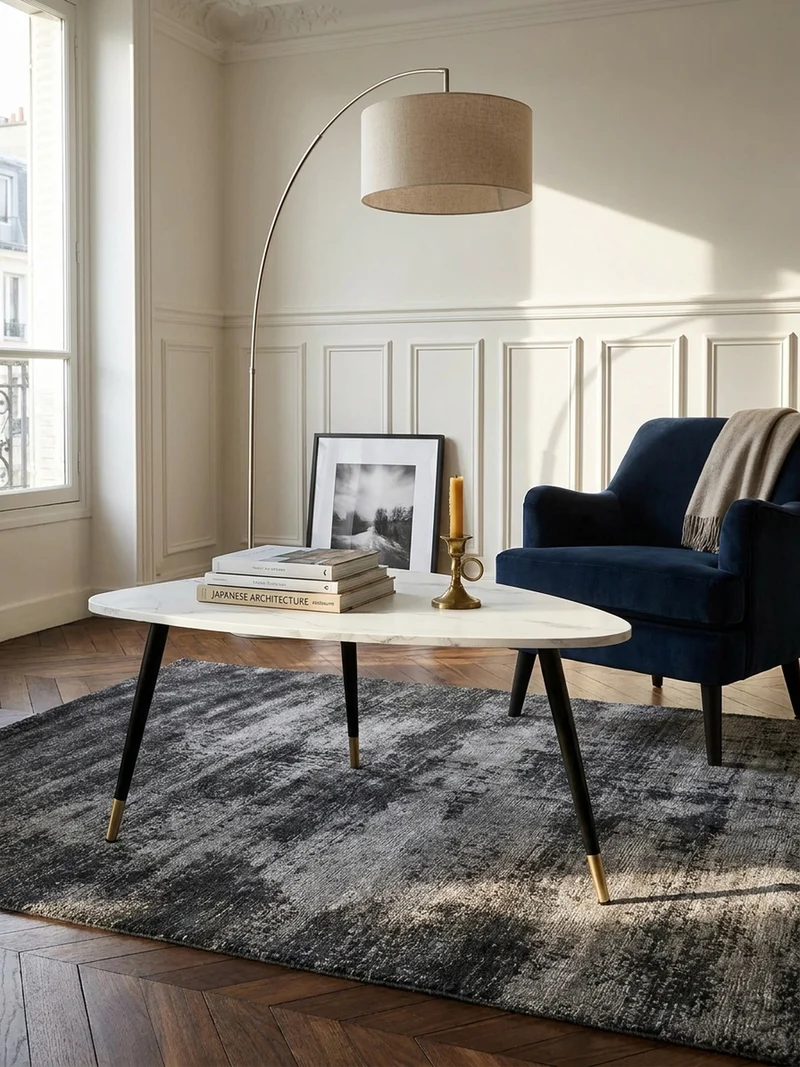Couchtisch mit Marmor Optik, Dreibein, Metall-Gestell, Dreieckig