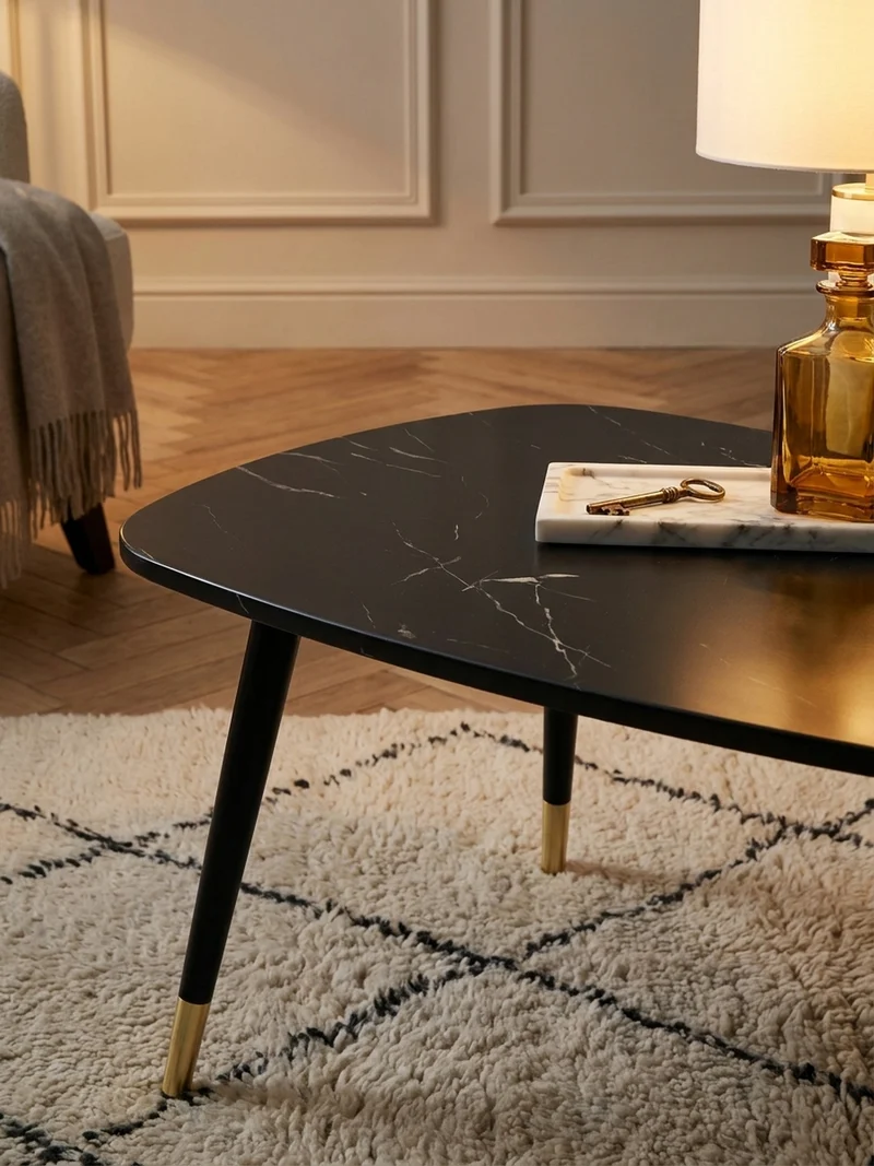 Couchtisch mit Marmor Optik, Dreibein, Metall-Gestell, Dreieckig