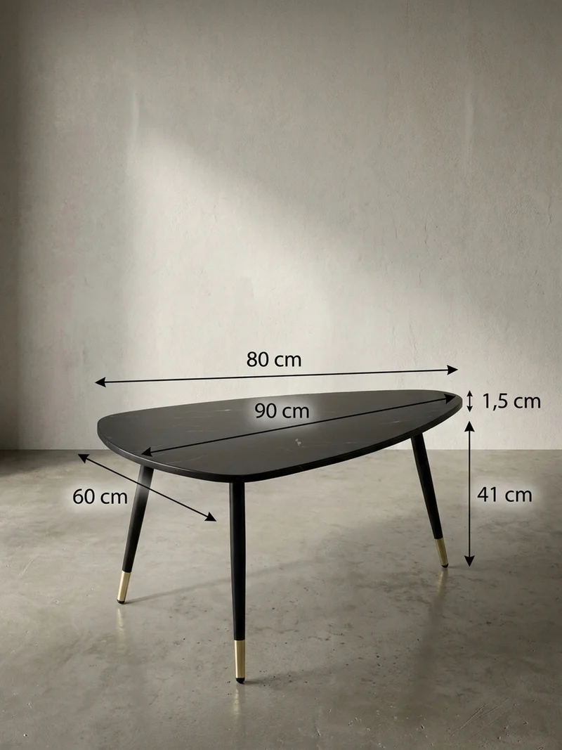 Couchtisch mit Marmor Optik, Dreibein, Metall-Gestell, Dreieckig