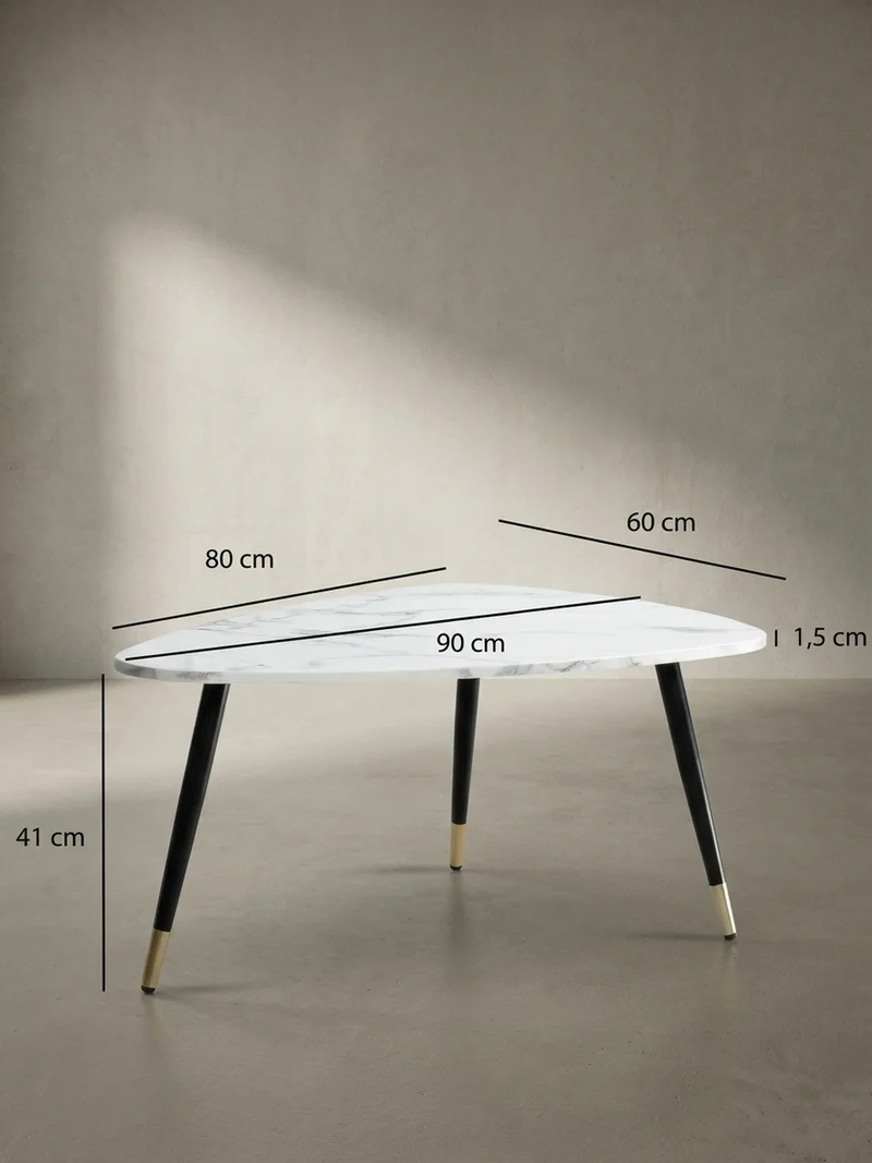 Couchtisch mit Marmor Optik, Dreibein, Metall-Gestell, Dreieckig