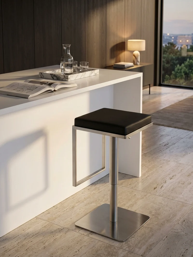 Barhocker – Schwarz, Kunstleder, Edelstahl, höhenverstellbar, drehbar, gepolstert, Modern