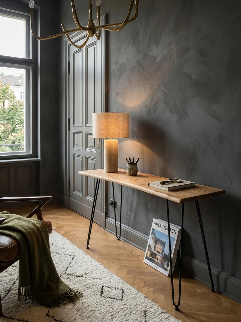 Schreibtisch – Massivholz/Metall, 150x36x75 cm, Baumkante, Haarnadelbeine