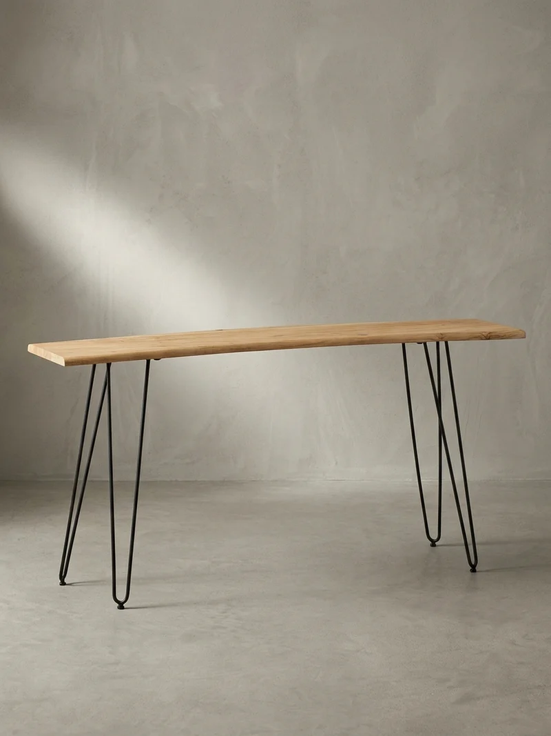 Schreibtisch – Massivholz/Metall, 150x36x75 cm, Baumkante, Haarnadelbeine
