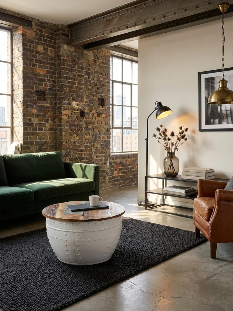 Couchtisch Massivholz mit klappbarer Tischplatte im industriellen Stil und Metallgestell