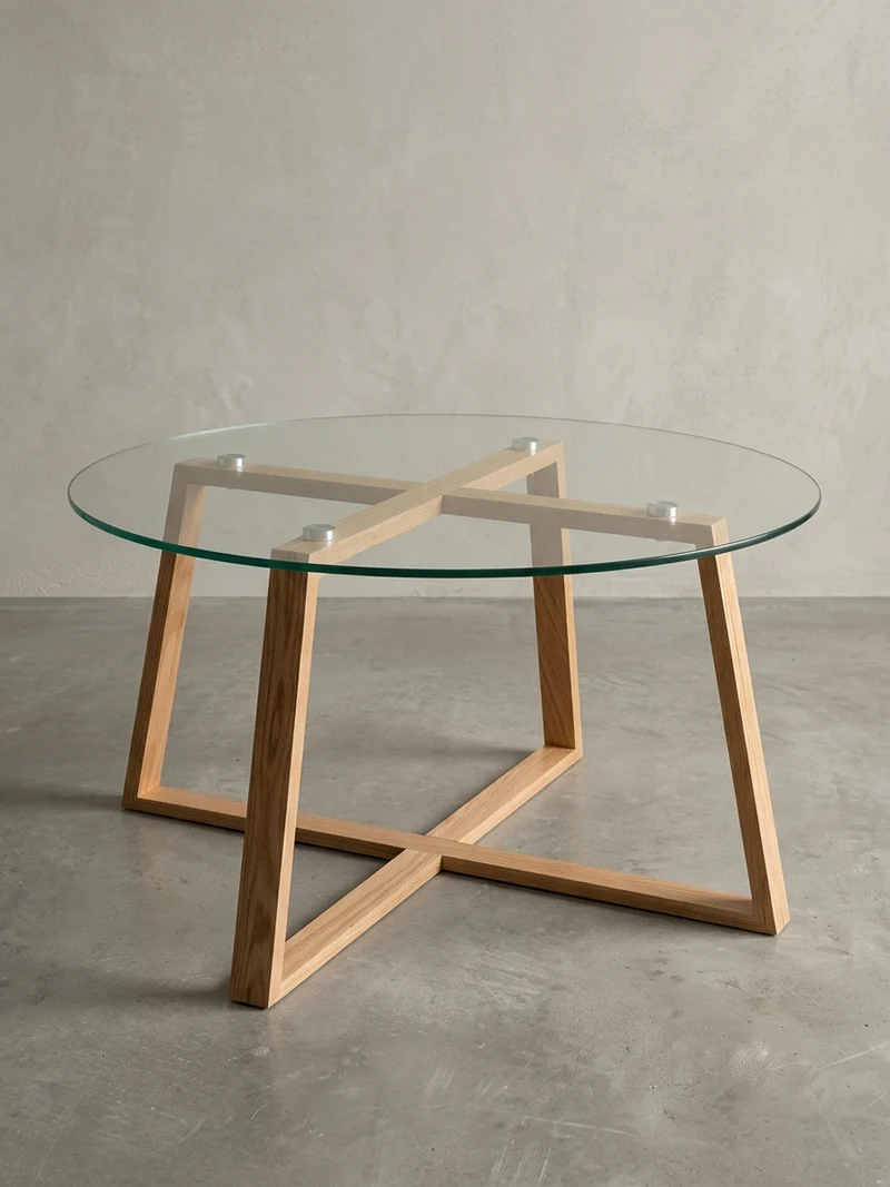 Couchtisch in Eiche mit transparenter Glasplatte und überkreuztem Gestell, modernes Design