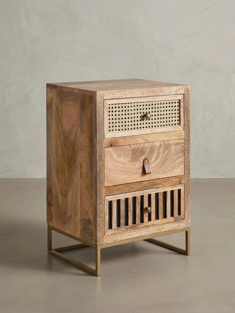 Nachttisch – Mango Massivholz/Rattan, 3 Schubladen, für Boxspringbett