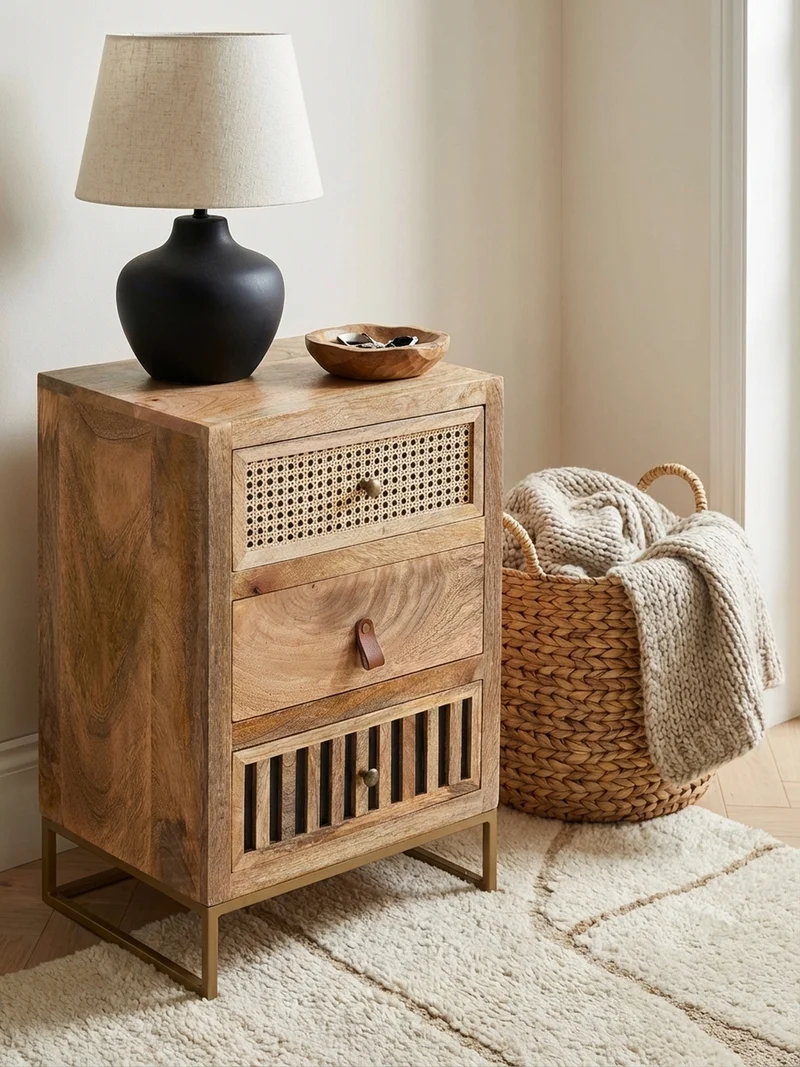 Nachttisch – Mango Massivholz/Rattan, 3 Schubladen, für Boxspringbett