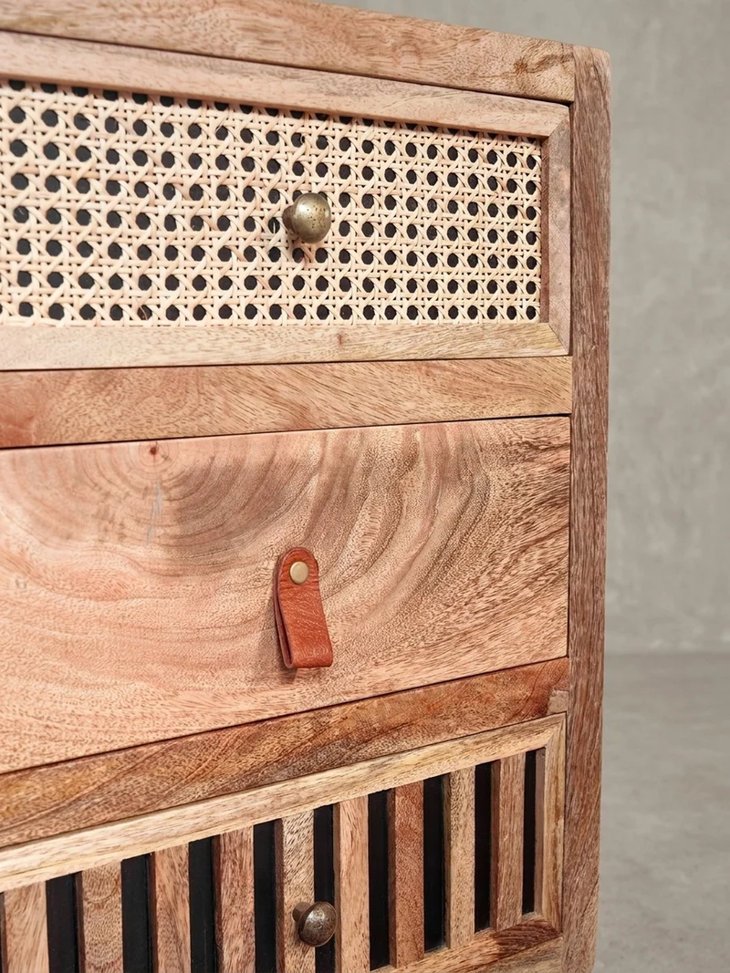 Nachttisch – Mango Massivholz/Rattan, 3 Schubladen, für Boxspringbett