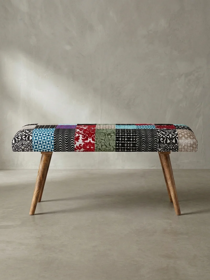 Sitzbank – Patchwork-Stoff, Massivholzbeine