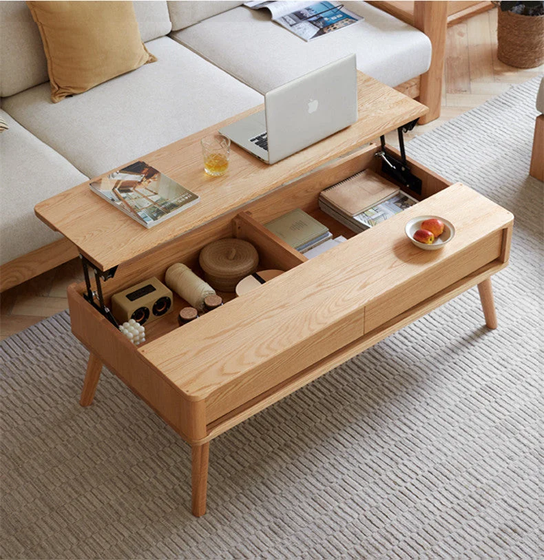 Massivholz-Lift-Top-Couchtisch mit Schubladen und versteckten Staufächern