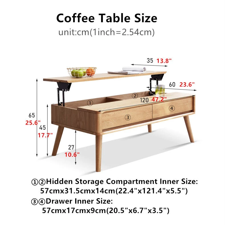 Massivholz-Lift-Top-Couchtisch mit Schubladen und versteckten Staufächern
