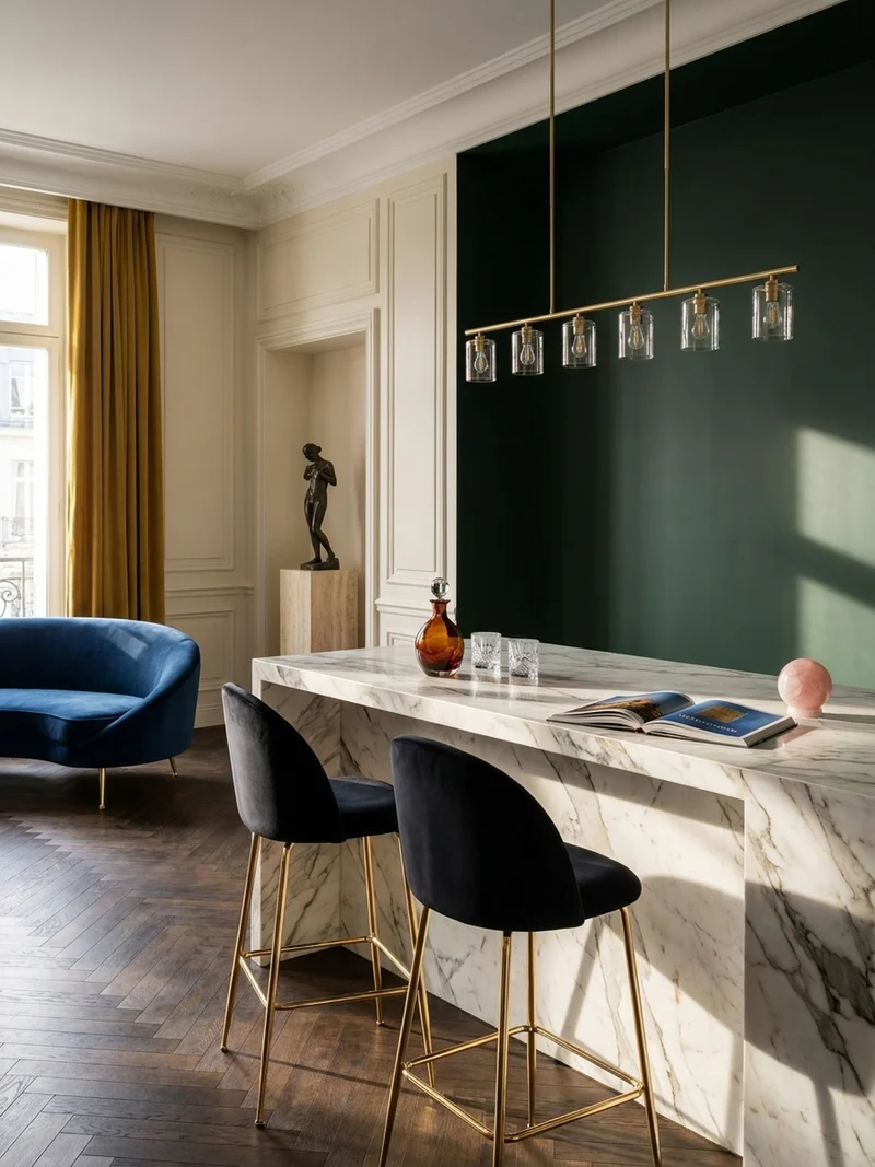 Barhocker 2er Set Samt Lehne Goldgestell Skandi-Stil Gepolstert