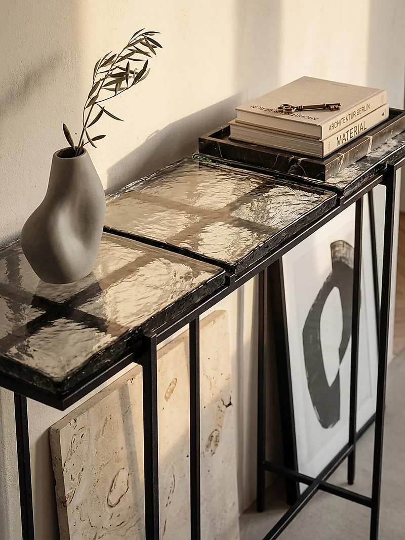 Konsolentisch – Schwarz/Glas, 90x29x85 cm, Metallgestell, mit abnehmbaren Tischplatten