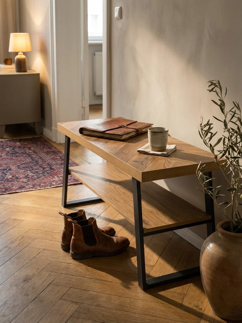 Schuhbank – 100x41x40 cm, Eiche-Dekor, Fischgrät, mit Ablage