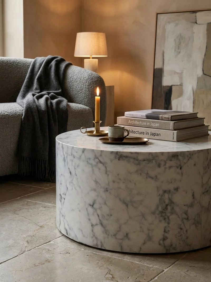 Couchtisch mit Hochglanz-Oberfläche, Marmor-Optik, Design rund