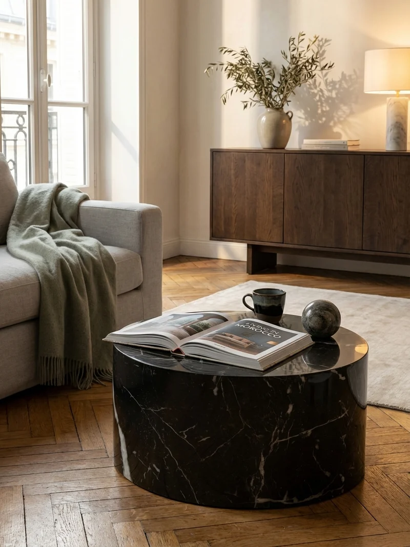Couchtisch mit Hochglanz-Oberfläche, Marmor-Optik, Design rund