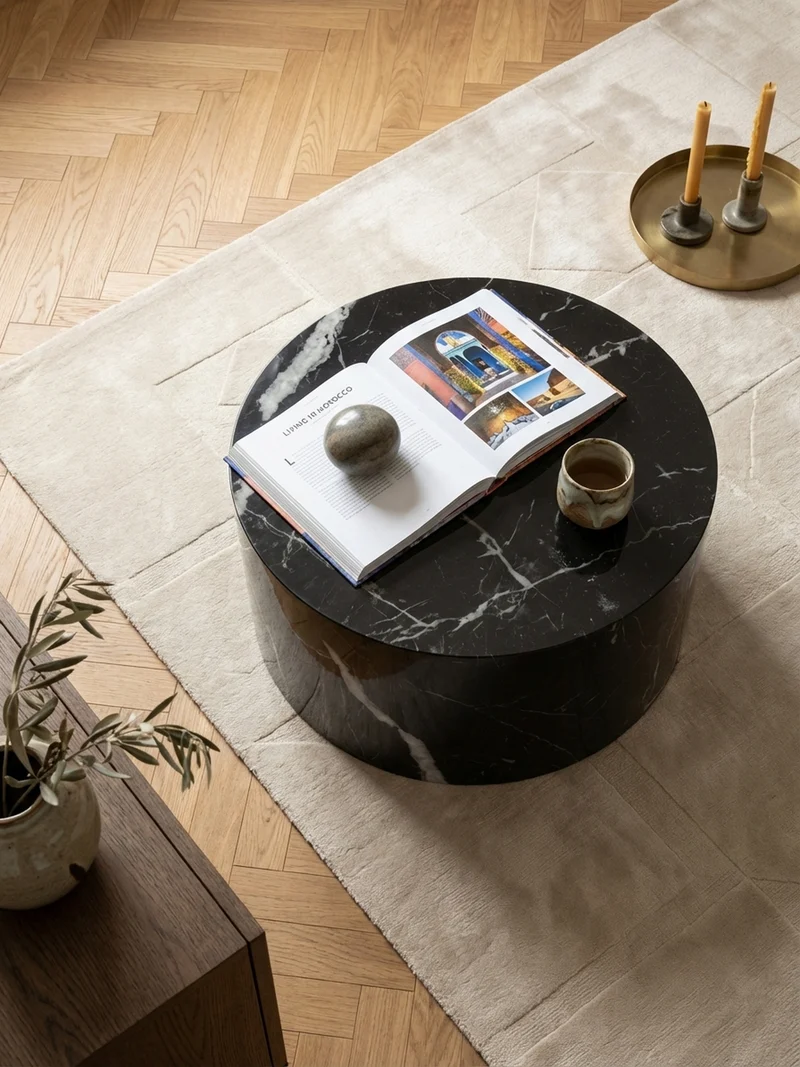 Couchtisch mit Hochglanz-Oberfläche, Marmor-Optik, Design rund