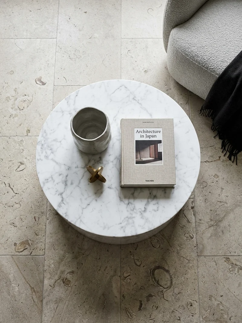 Couchtisch mit Hochglanz-Oberfläche, Marmor-Optik, Design rund