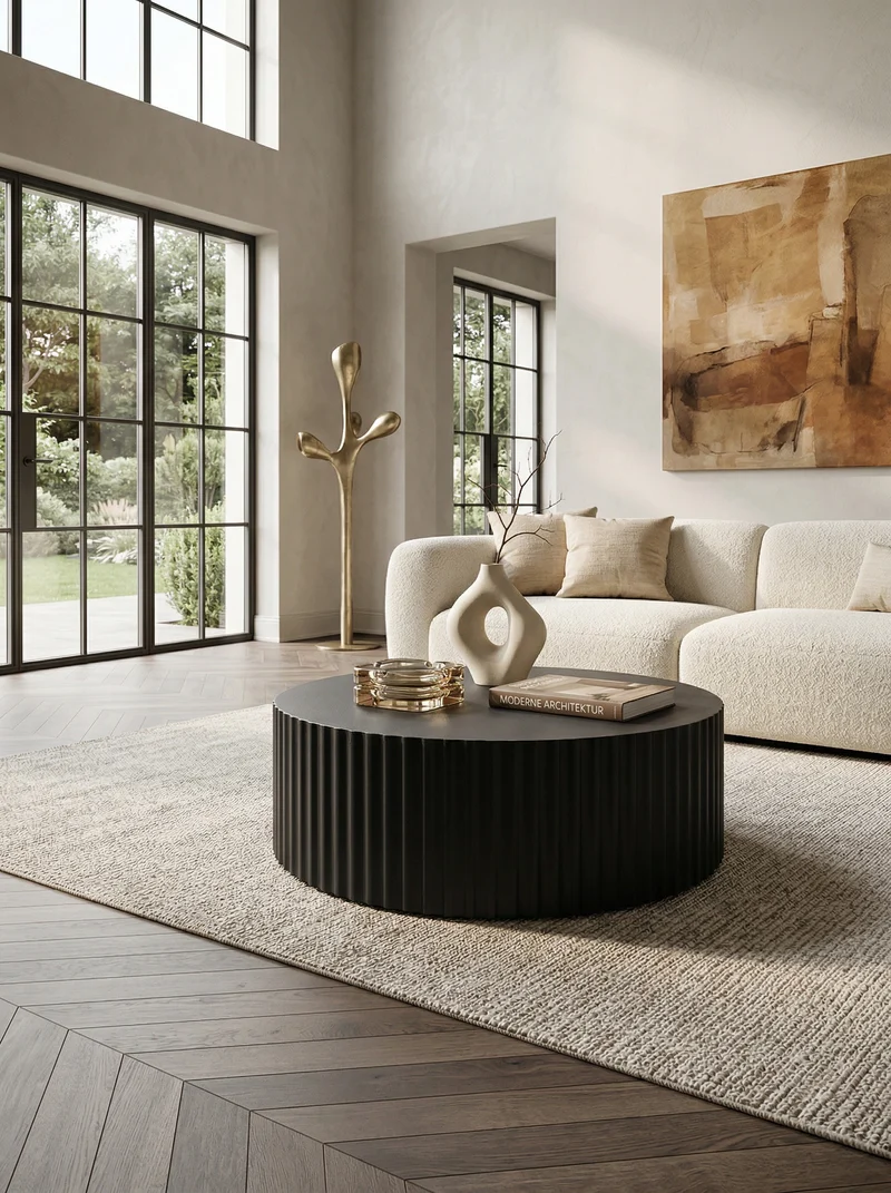 Sofatisch Rund, Schwarz Metall, Wellenmuster, Maße 67x67x31 cm