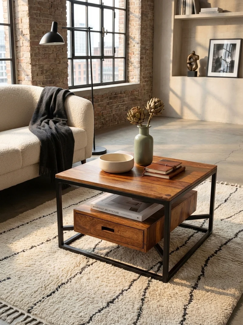Sofatisch Sheesham Massivholz und Metall, Quadratisch mit Schublade, Maße 60x60x40 cm