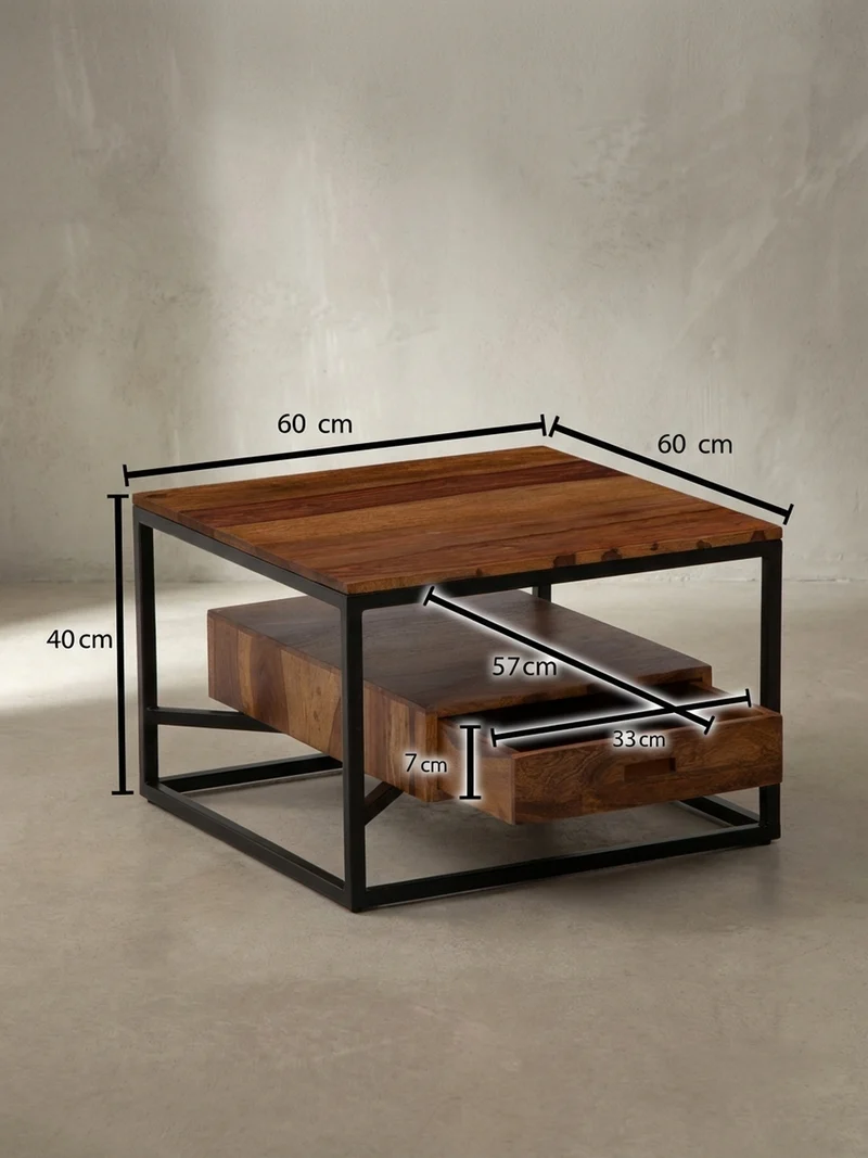 Sofatisch Sheesham Massivholz und Metall, Quadratisch mit Schublade, Maße 60x60x40 cm