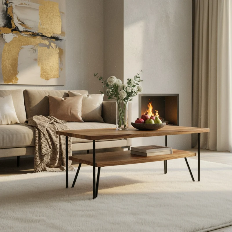 Couchtisch Sheesham Massivholz Metall Industrial-Style 90x50x40 cm
