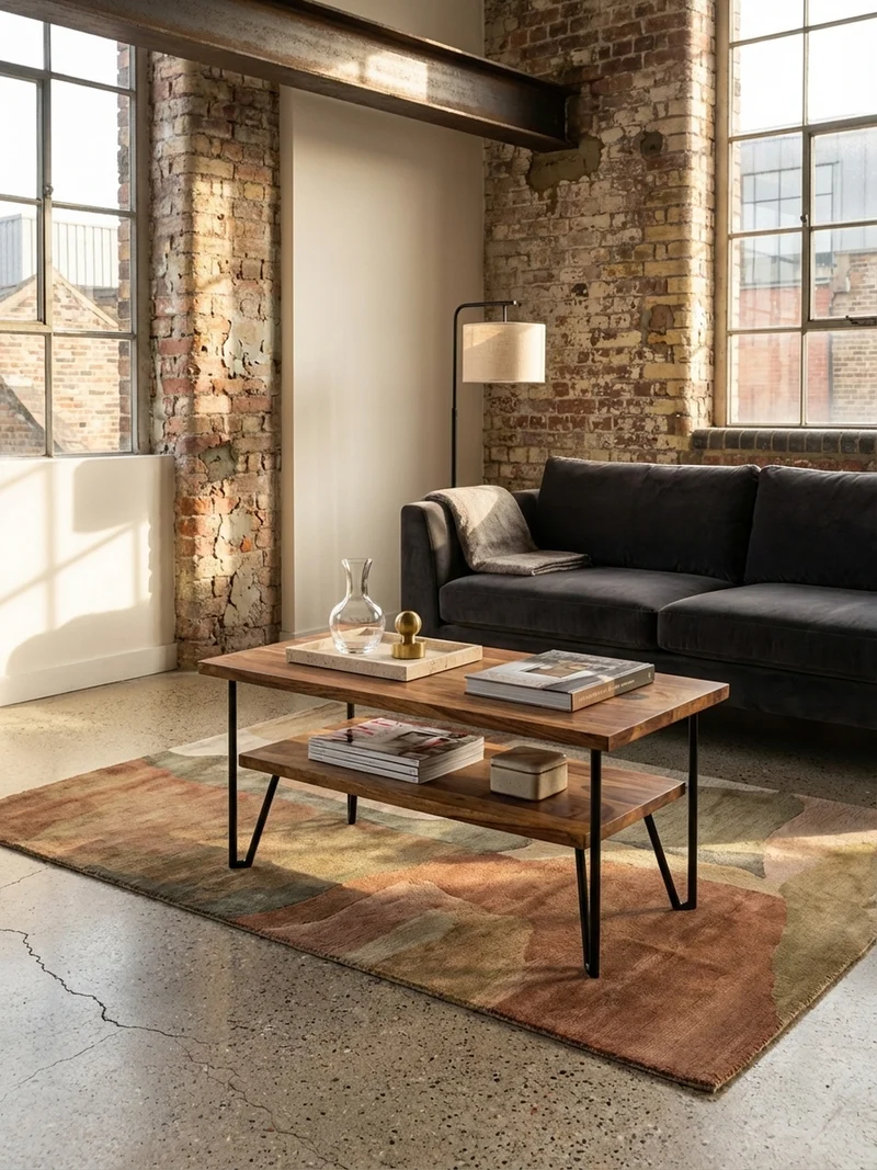Couchtisch Sheesham Massivholz Metall Industrial-Style 90x50x40 cm