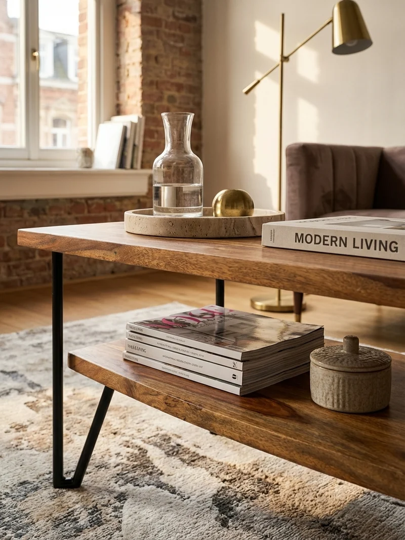 Couchtisch Sheesham Massivholz Metall Industrial-Style 90x50x40 cm