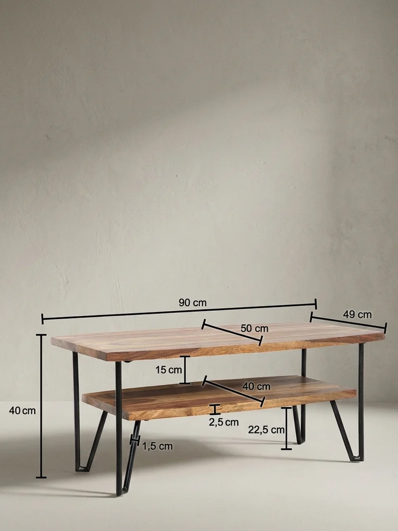 Couchtisch Sheesham Massivholz Metall Industrial-Style 90x50x40 cm