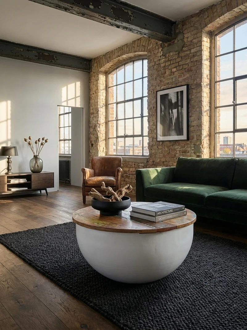 Couchtisch Industrie Stil mit klappbarer Tischplatte, Aufbewahrung, Massivholz, Metallkörper