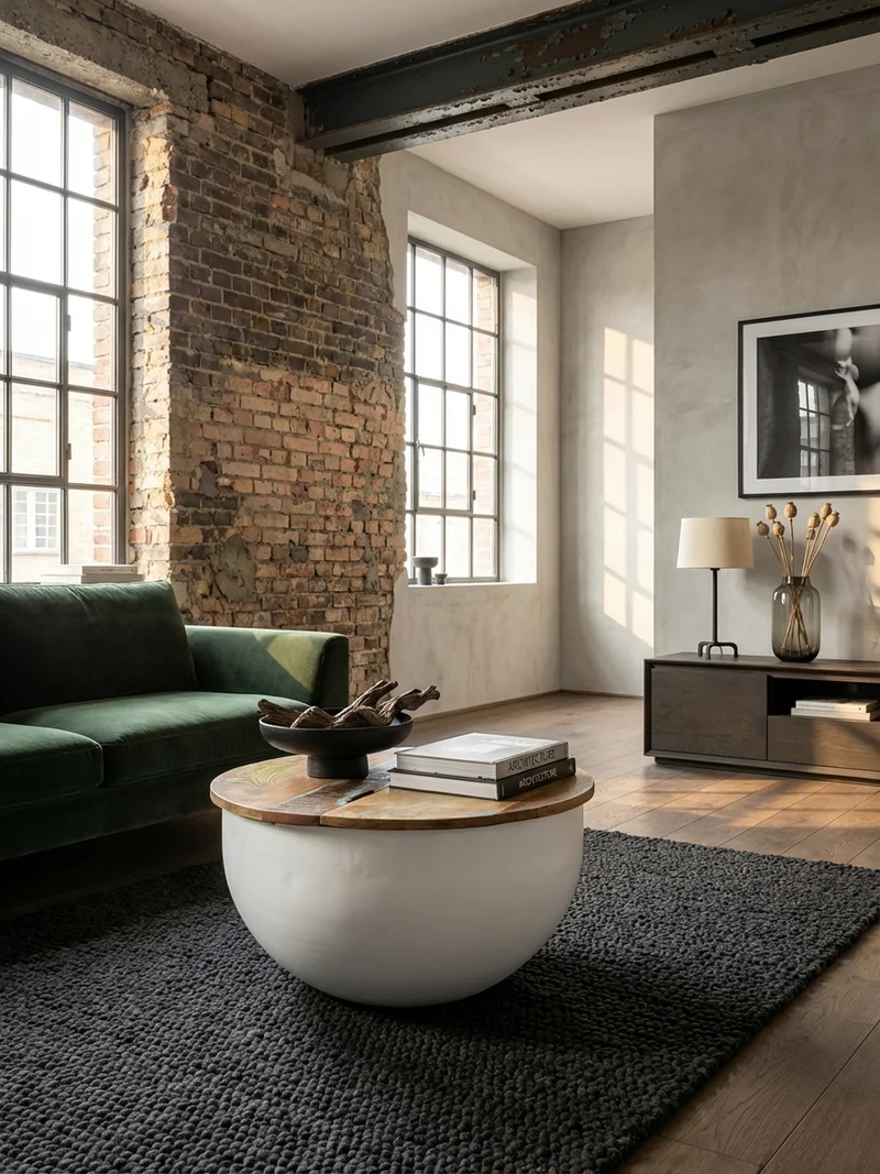 Couchtisch Industrie Stil mit klappbarer Tischplatte, Aufbewahrung, Massivholz, Metallkörper
