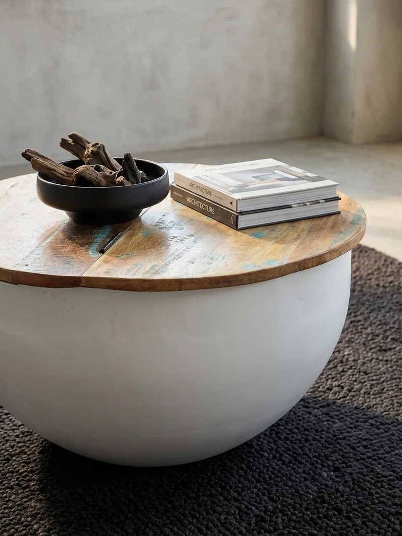 Couchtisch Industrie Stil mit klappbarer Tischplatte, Aufbewahrung, Massivholz, Metallkörper