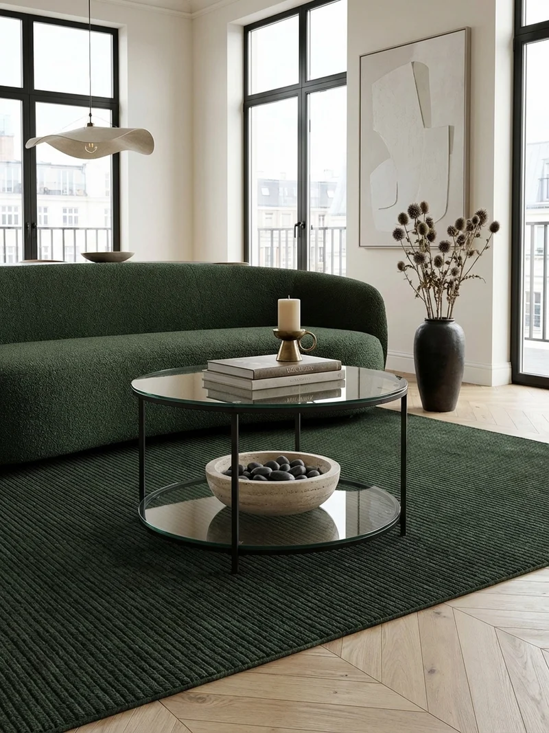 Couchtisch Glas-Metall Mix mit zwei Ablagen in Marmoroptik