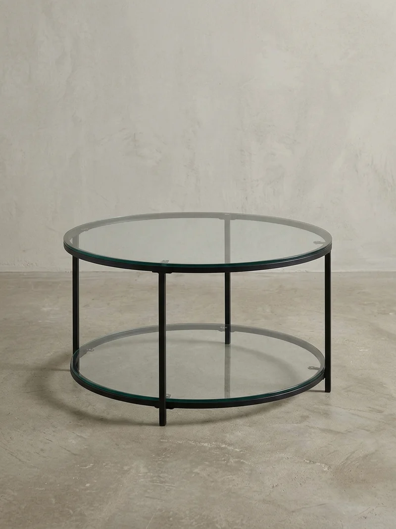 Couchtisch Glas-Metall Mix mit zwei Ablagen in Marmoroptik