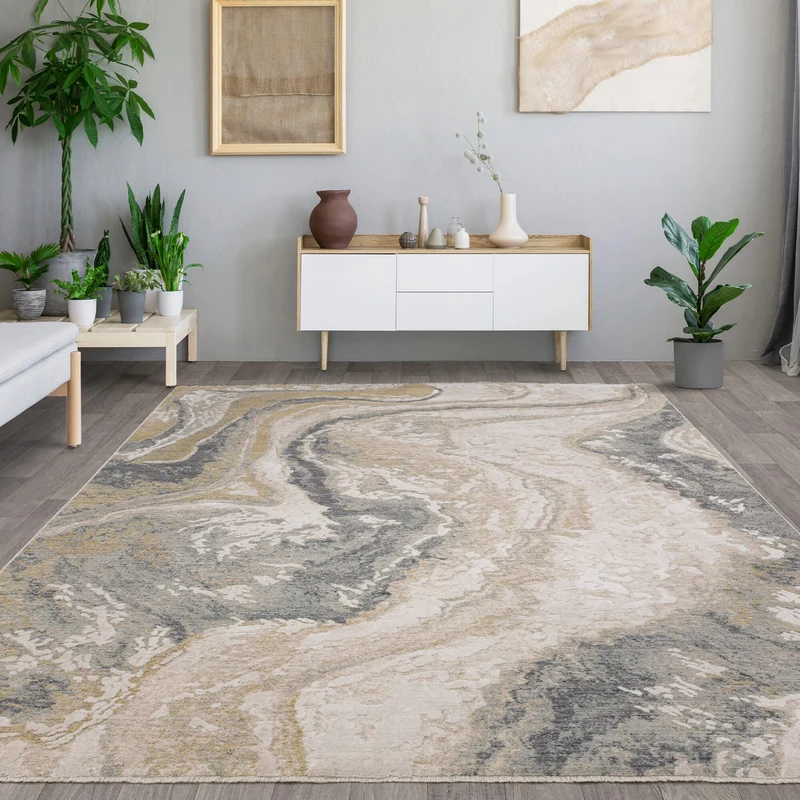 Teppich Velours abstrakt Marmoroptik pflegeleicht strapazierfähig Naturtöne