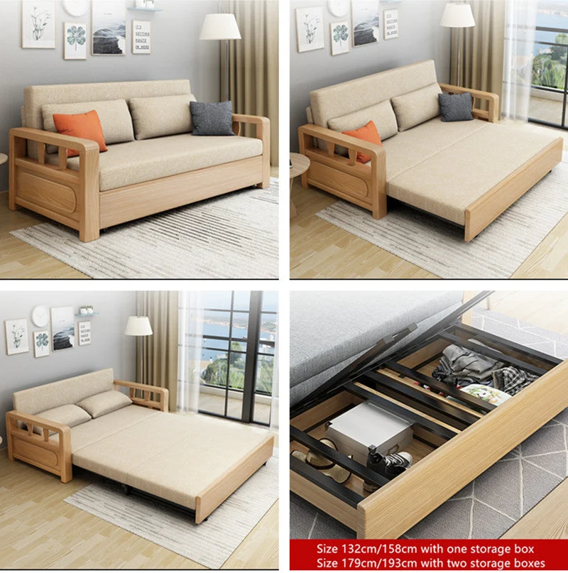 Modernes Schlafsofa mit Massivholzrahmen und Stauraum darunter