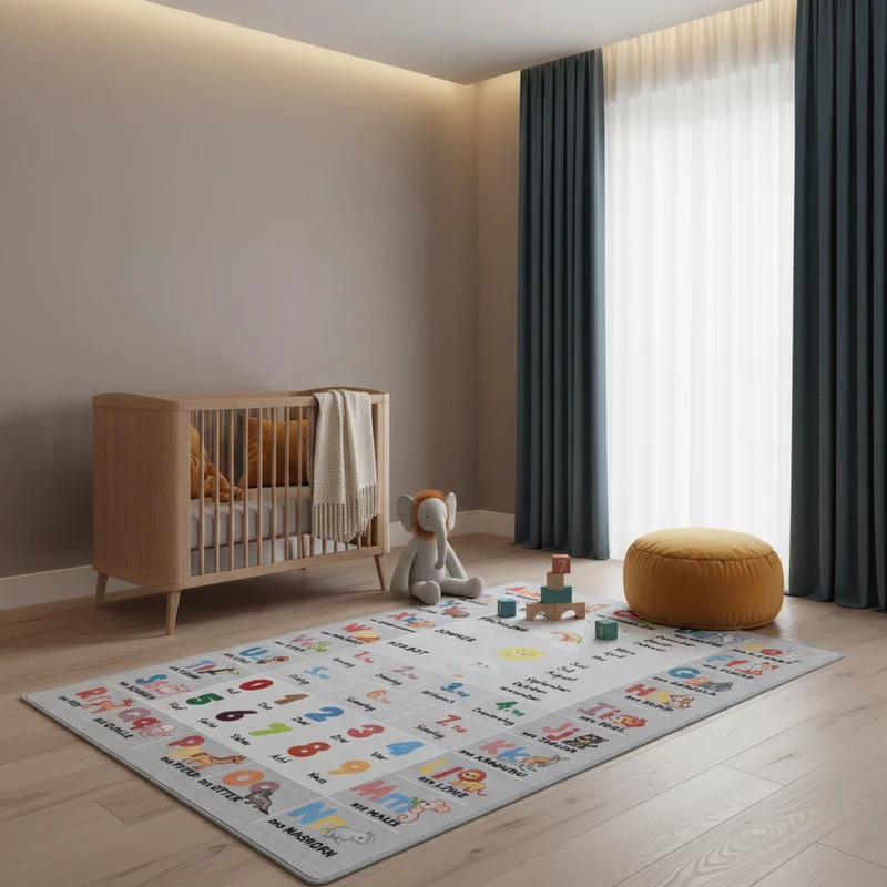 Kinderteppich Flachgewebe ABC & Zahlen – Rutschfest & Waschbar für Kinderzimmer