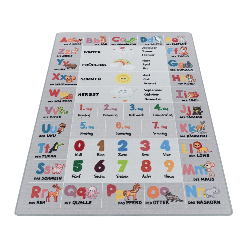 Kinderteppich Flachgewebe ABC & Zahlen – Rutschfest & Waschbar für Kinderzimmer